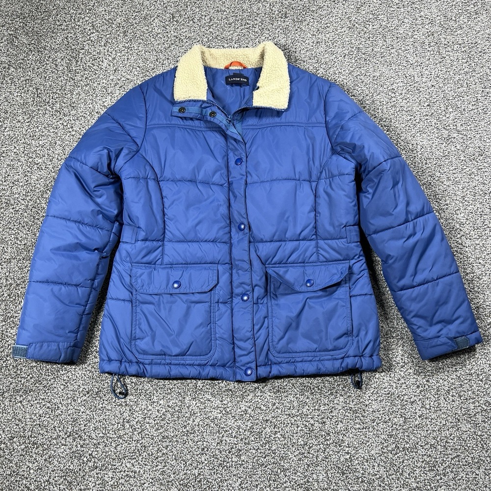 VTG‎ Lands End Jacket Womens M Petite 10/12 Blue Puffer Sherpa Collar Insulated